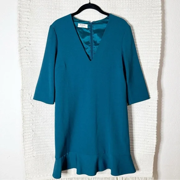 Pinko | Dresses | Pinko Teal Blue Vneck Half Sleeve Ruffled Shift Dress 4 |  Poshmark